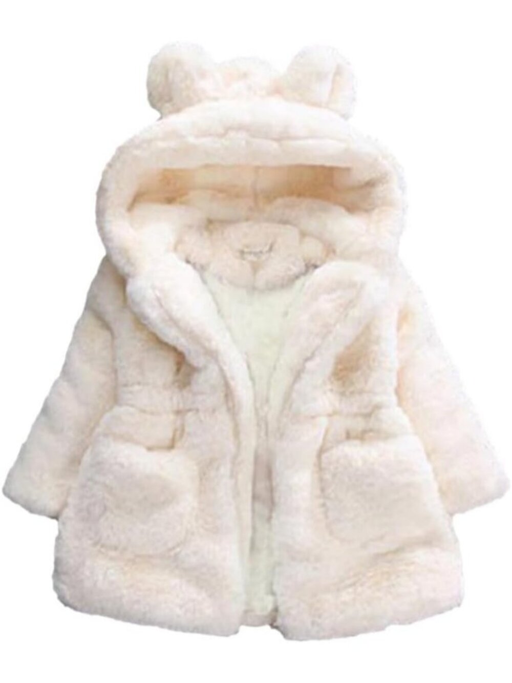 Kids Girls White Polyester Winter Warm Outwear Ear Hooded Faux Fur Thicken Fleec